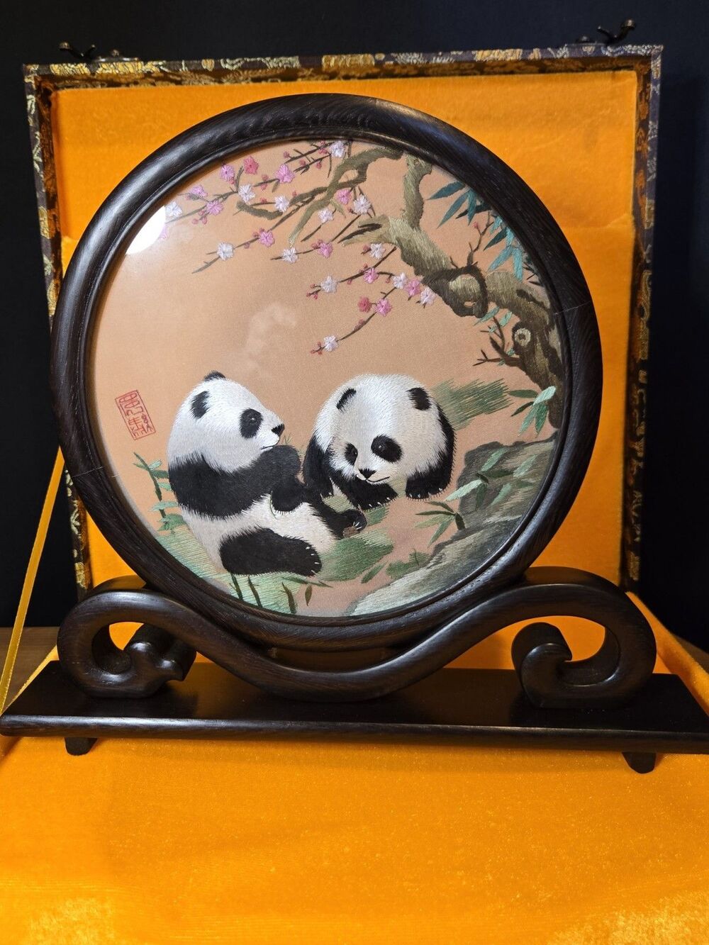 Vtg Chinese Panda CherryBlossom DoubleSided Silk Sichuan Embroidery WoodBase Box